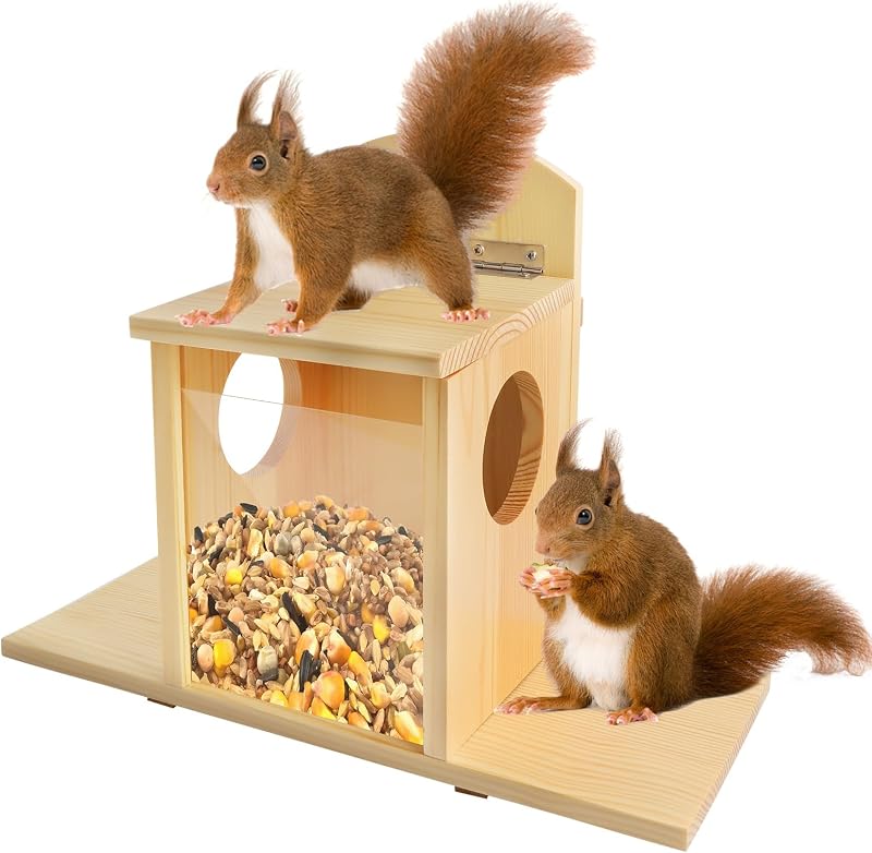 Suewidfay Squirrel Feeder with Lift-Up Lid Wooden Waterproof Durable