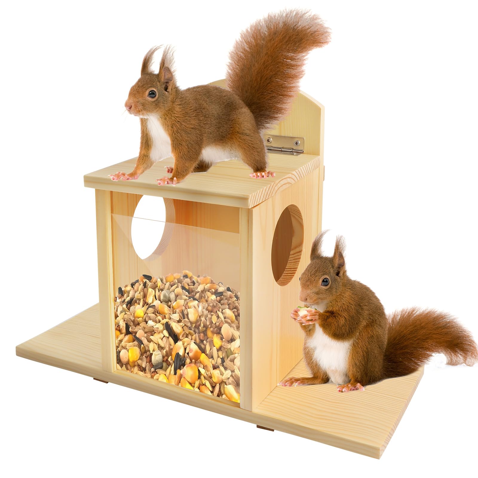 Suewidfay Squirrel Feeder with Lift-Up Lid, Wooden Squirrel Feeders for Outdoor Winter Garden Outside Backyard, Waterproof Durable Feeder Just for Squirrels