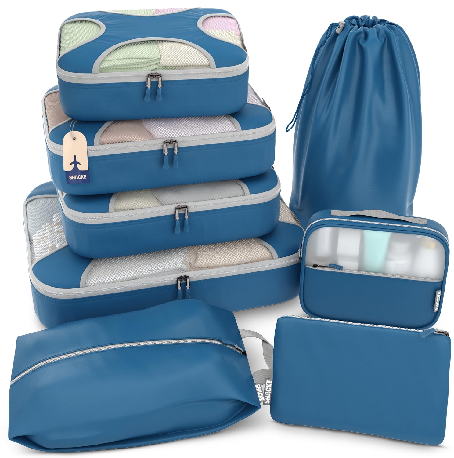 Shacke Shacke Premium 8 Packing Cubes Set - Lightweight Mesh Travel Luggage Organizers with Laundry Bag, 8-Piece Suitcase Storage System (Navy)