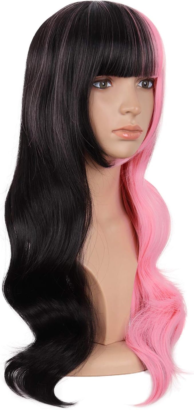 MapofBeauty 24 Inch/60cm Multicolor Flat Bangs Long Curly Fashion Cosplay Party Wig (Half Pink Half Black) - Image 3