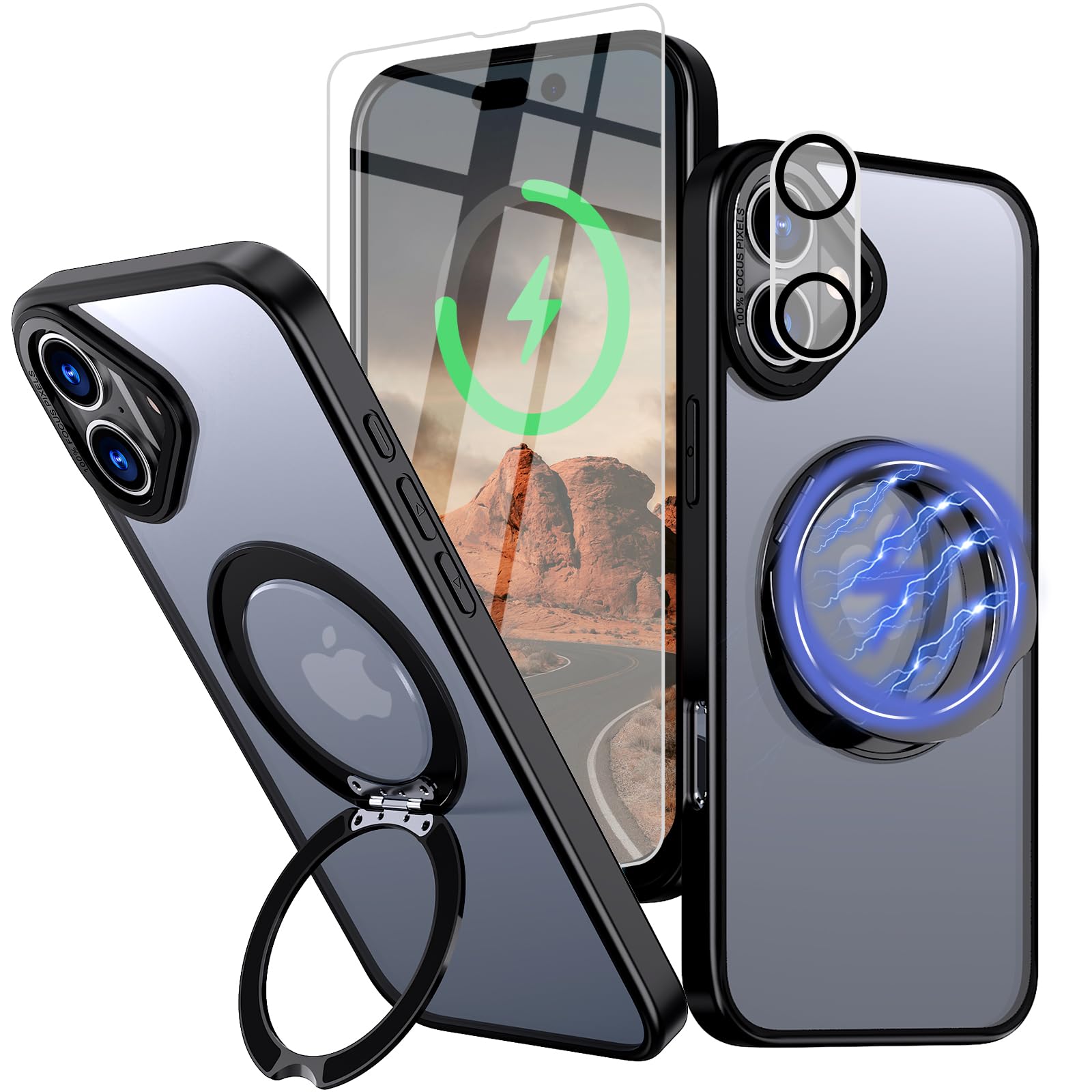 Photo 1 of Bonkier for iPhone 16 Case with Screen Protector & Lens Protector [15 FT Military Drop Protection] Magnetic Kickstand Compatible with MagSafe Slim Translucent Case (Black)