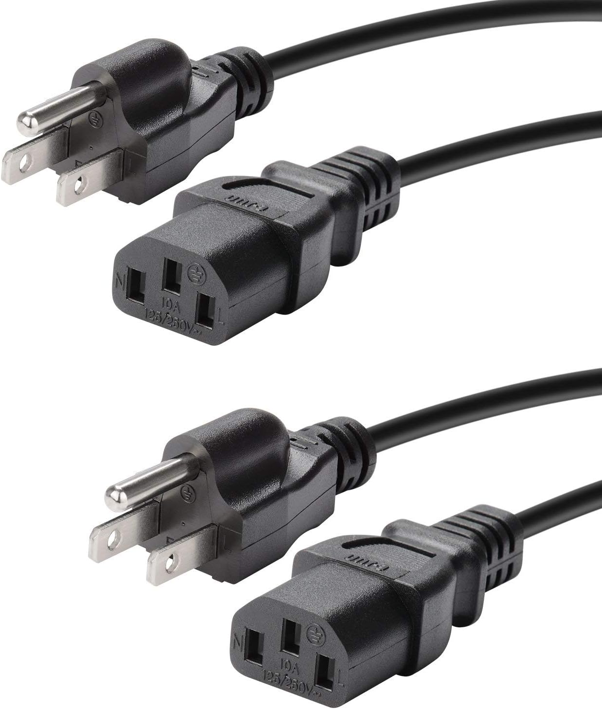 J&D AC Power Cord (2 Pack), 3 Prong Computer Power Cord Heavy Duty 18