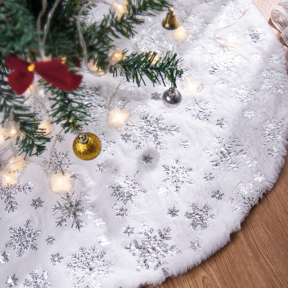 Lanpn 120cm Christmas Tree Skirt, Large Faux Fur Snowflakes Round Christmas Tree Blanket 48 inch Underlay Rug Christmas Tree Decoration (Sliver)