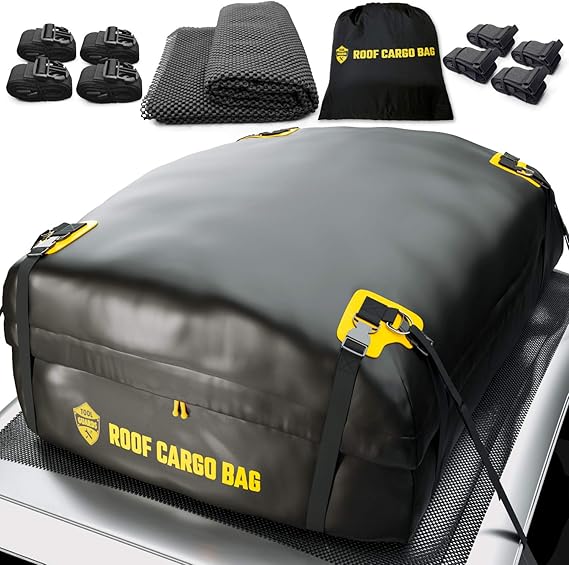 Car Top Carrier Roof Bag | 15 or 20 Cubic ft + Protective Mat - For Cars With Or Without Racks