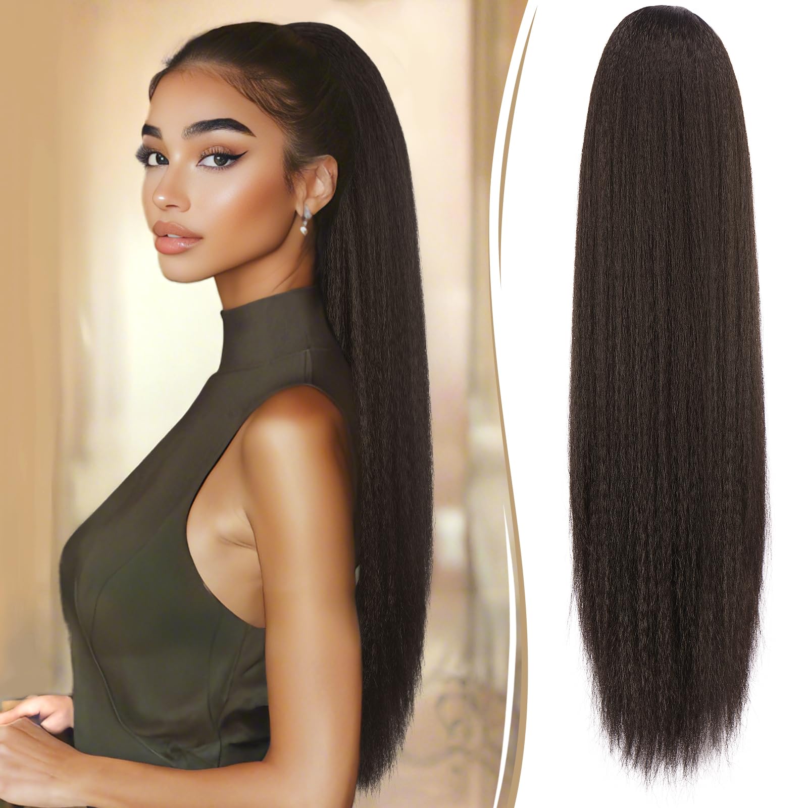RUWISS Drawstring Ponytail for Black Women Yaki Straight Ponytail Hair Extension 26 Inch Long Thick Pony Tail Clip in Synthetic Ponytail Hairpiece Dark Brown