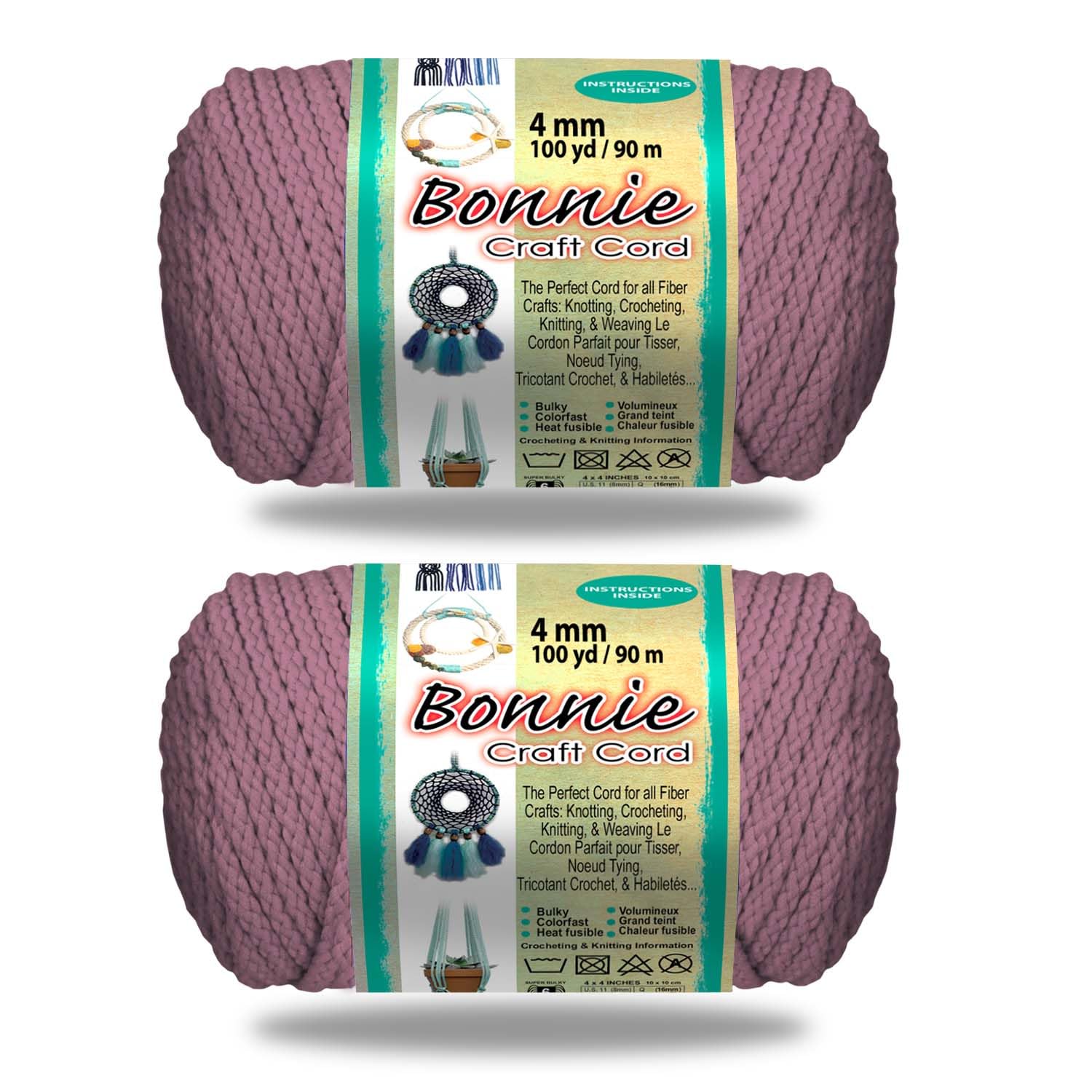 Pepperell Bonnie Braid Macrame Cord | 4mm x 100yd | Value 2-Pack | Twisted Polypropylene Cord for DIY Crafts, Plant Hangers, Wall Hangings, Crochet & Macrame (Rose)