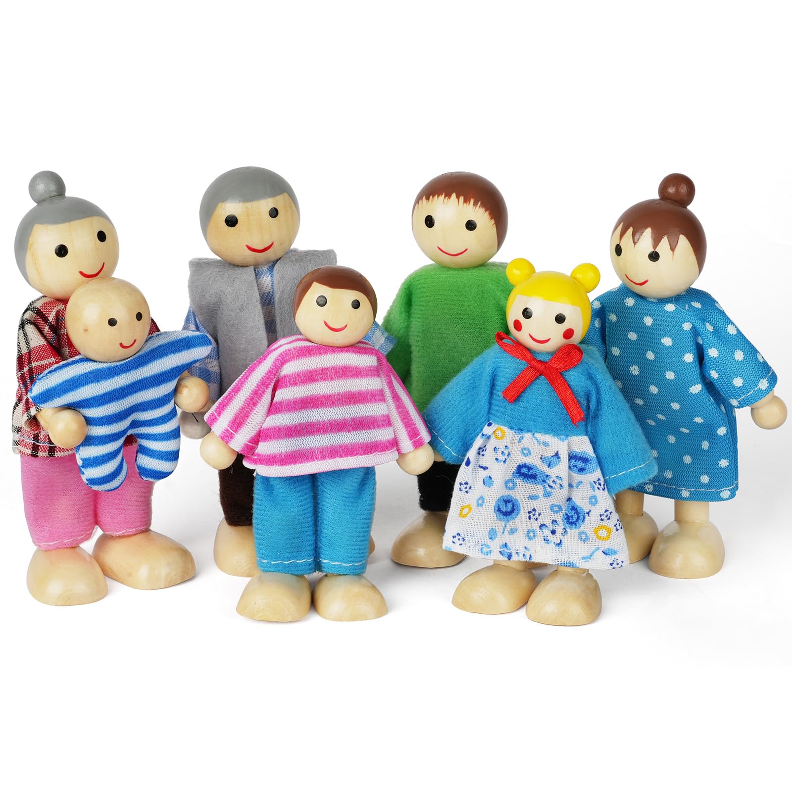 Aolso Wooden Family Dolls Playset of 7 People, Wooden Figures Set for Children Doll house Pretend Gift, Girls in Bun,Family Set for Dolls House Accessories Kids Toy