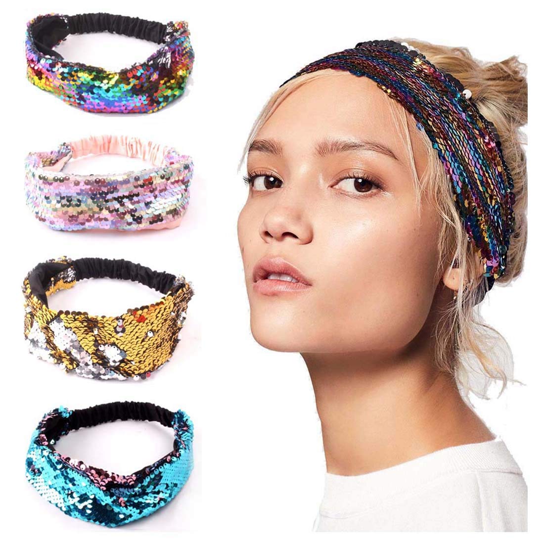 Fairvir Boho Headband Purple Sequin Mermaid Bling Hair Bands Party Date Stretchy Bohemia Hair Accessories for Women and Girls(4pcs)