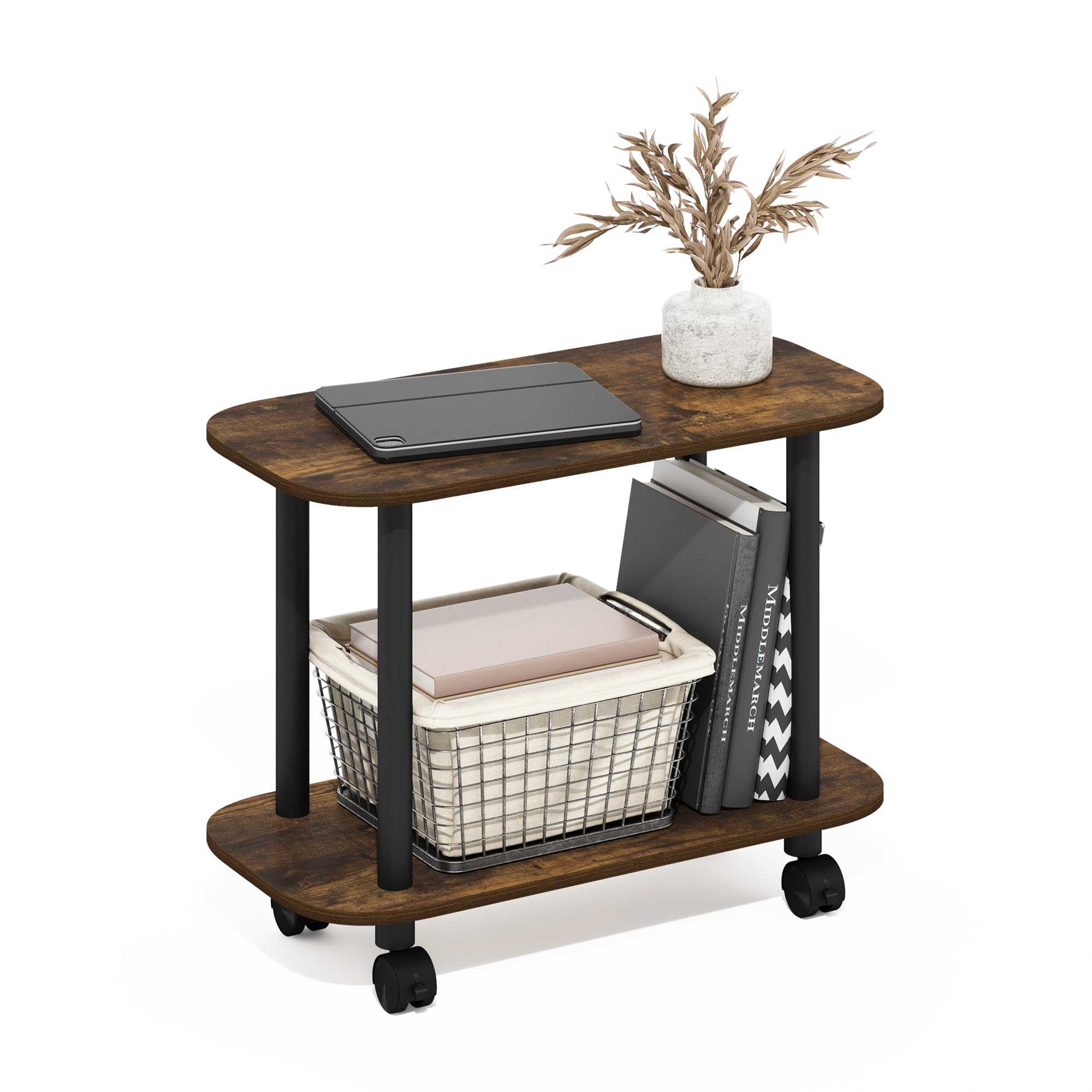 Furinno TURN-N-TUBE Side Table, 2-Tier Oval Sofa End Table with Wheels, Round Corner Night Stand, Bedside Table with Open Shelf, Toolless Assembly, for Living Room, Bedroom, Amber Pine