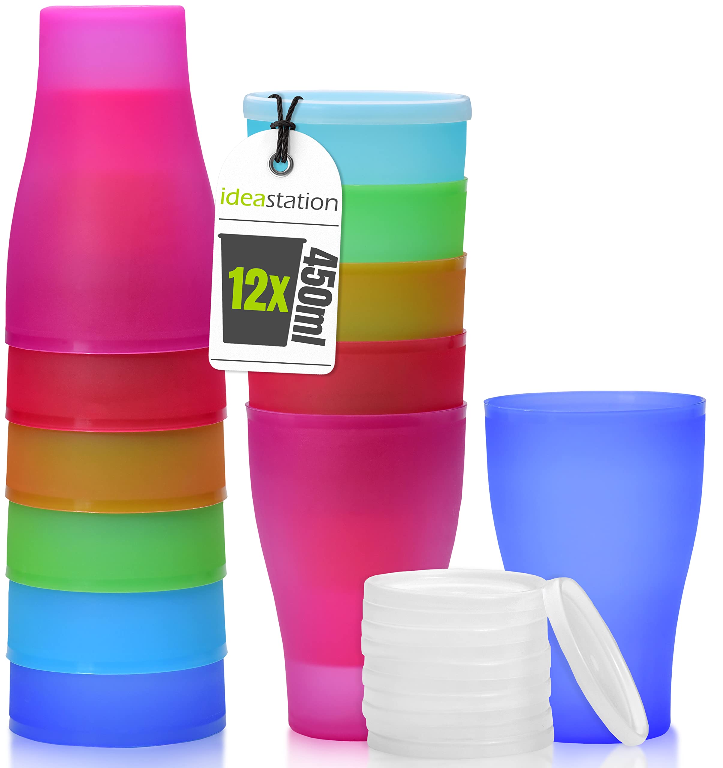 idea-station NEO Plastic Cups with lids 12 x 450 ml - Colourful - Reusable Camping Kitchen Party Cups, Plastic Cocktail Glasses - Suitable for Hot and Cold Drinks, Dishwasher Safe