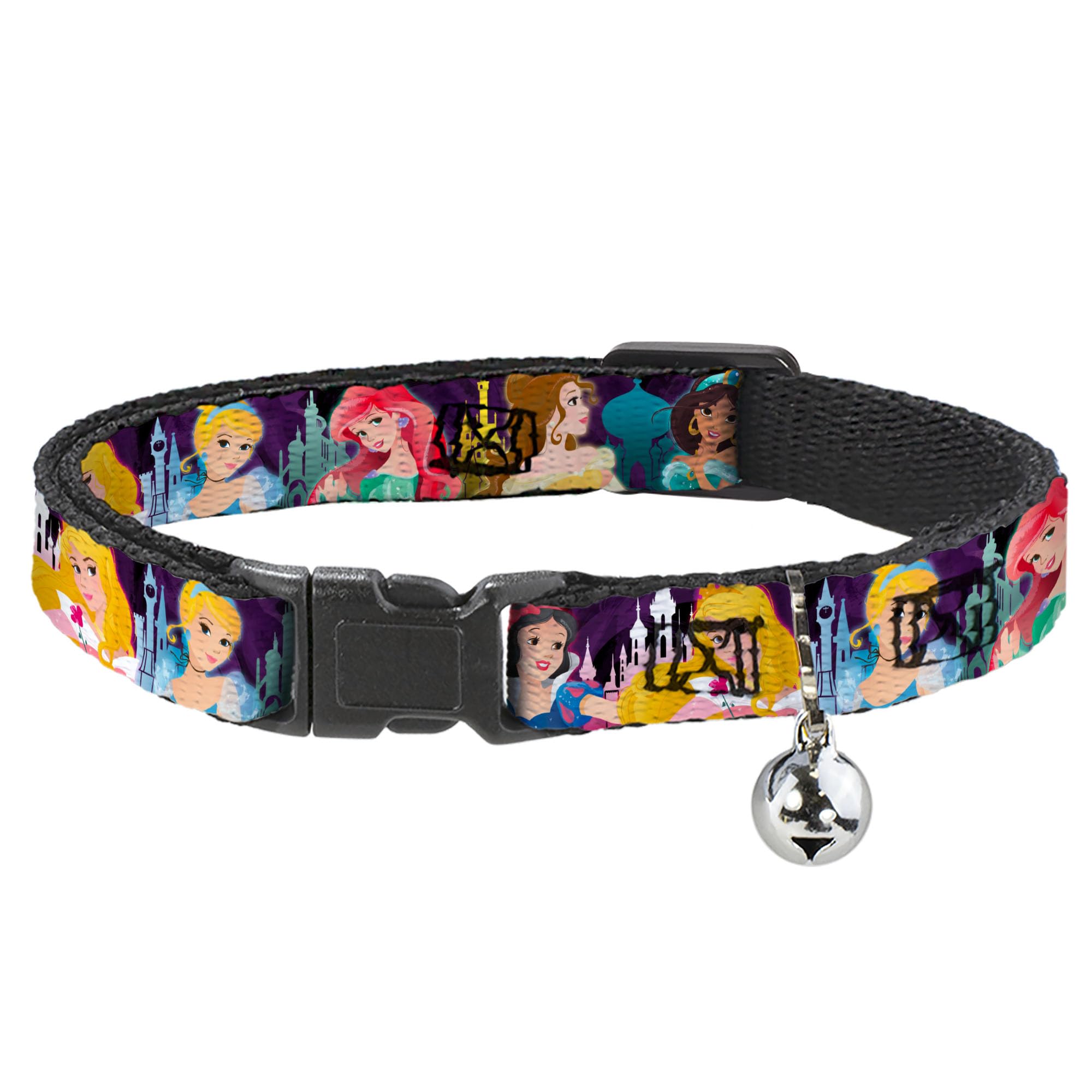 Buckle Down Breakaway Cat Collar - Disney Princess Poses/Castle Silhouettes Purples/Multi Color - 1/2" Wide - Fits 8-12" Neck - Medium