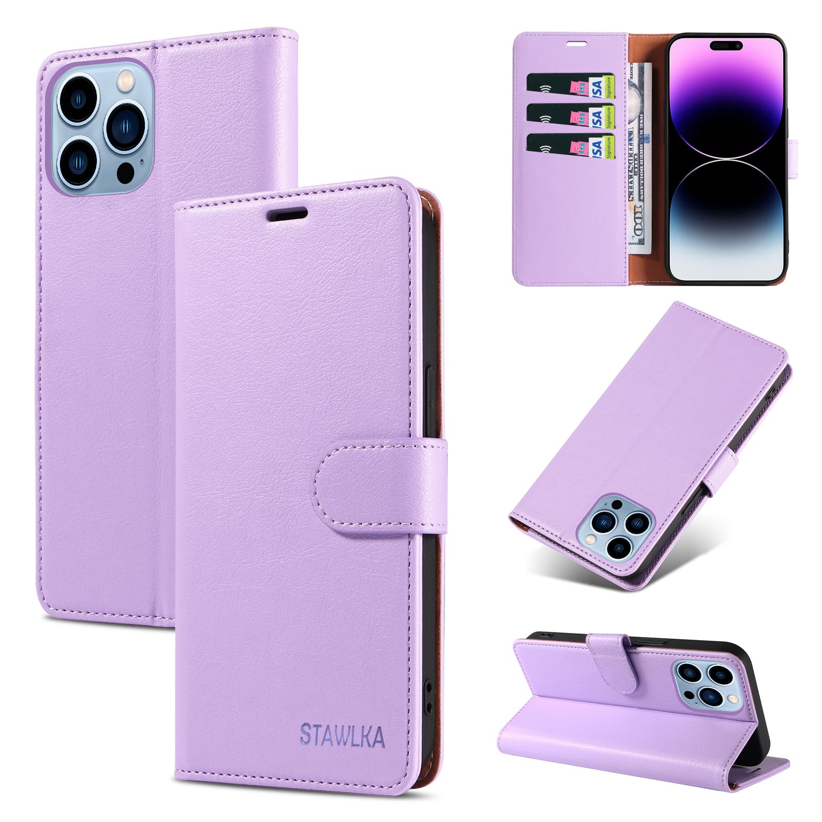 STAWLKA Case for iPhone 15 Pro, Premium PU Leather Flip Magnetic Buckle Wallet Case Kickstand Blocking RFID Shockproof Protective Phone Cover for iPhone 15 Pro - Purple