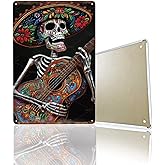 Mexican Skeleton Playing Guitar Metal Sign - Dia de los Muertos Wall Art for Fiesta Decor, Home Bar & Music Room - Handmade Rustic Tin Plaque with Colorful Sugar Skull Design (12x8 Inch)