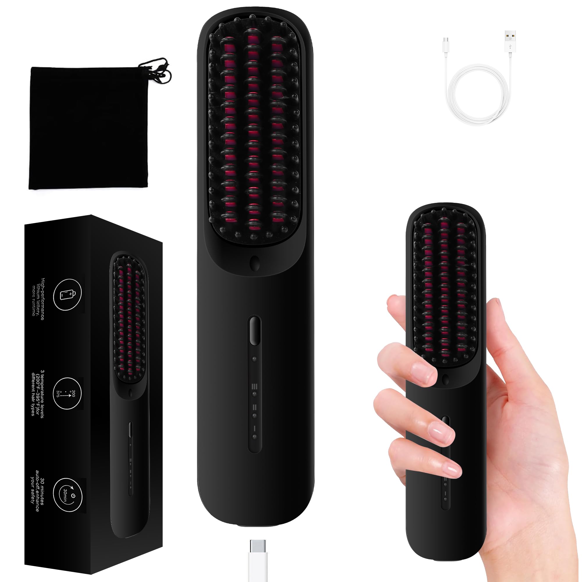 UKLISS Cordless Hair Straightener Brush, Upgraded Pro Portable Mini Straightening Brush for Travel, Negative Ion Hot Comb Wireless Hair Brush for Women, 5000 mAh USB with 3 Temperature Settings