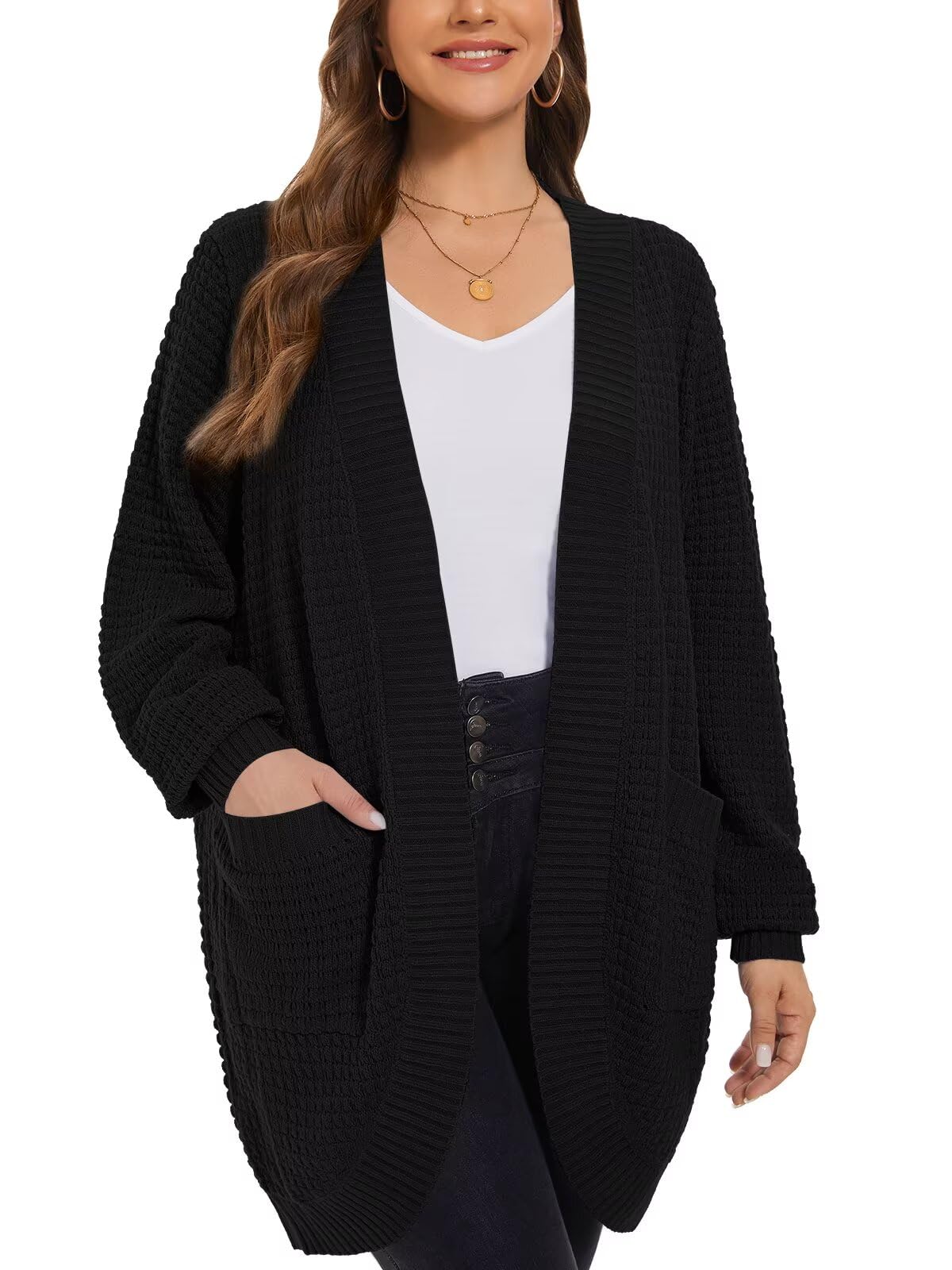 Photo 1 of LARACE Long Cardigans for Women Plus Size Tops Open Front Sweaters with Pockets Waffle Ribbed Sleeve Loose Fall Outwear(2X, Black)