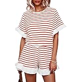 Tankaneo Womens 2 Piece Striped Shorts Set Ruffle Short Sleeve Tops Hight Waist Shorts Matching Sets Summer Vacation Outfits