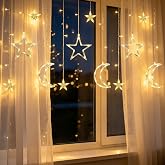 Moon Star Curtain String Lights, 11.5ft 120LED Moon Fairy Lights Decor | USB & Battery Power(Not Include) 8 Lighting Modes IP65 Waterproof Starry Night Lights for Christmas Ramadan Wedding Birthday