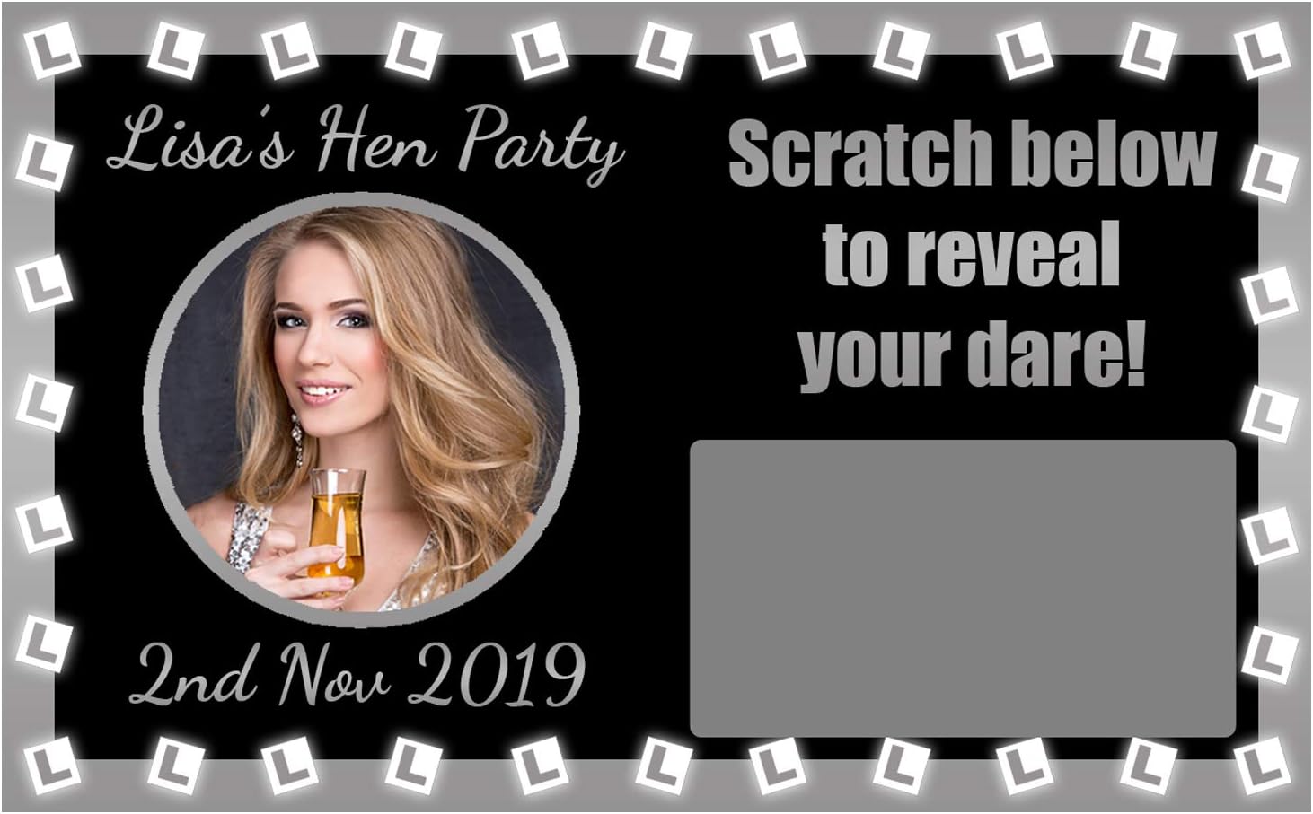 The Retouch Oasis 10 x Personalised SILVER L-Plates DARE Photo SCRATCH CARDS Hen Night Do Party Fun Game