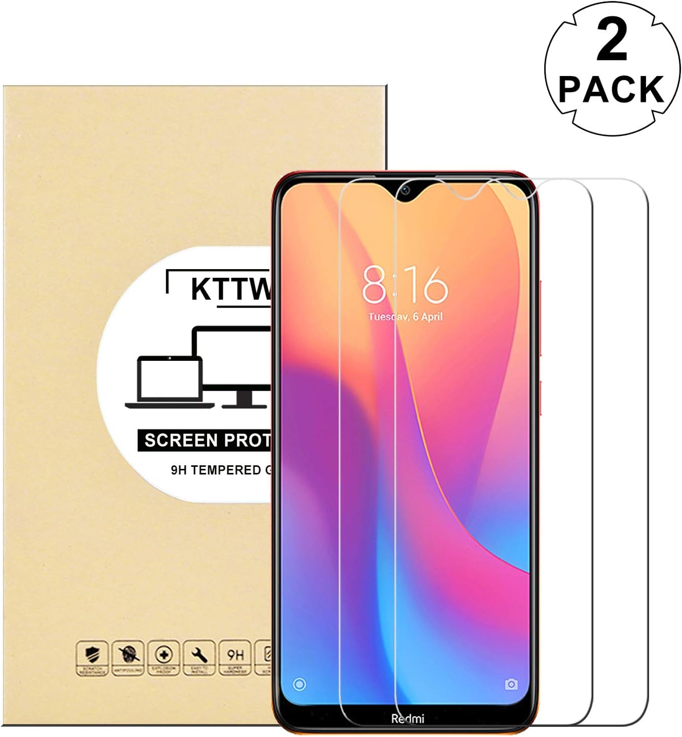 [2 Pack] for Xiaomi Redmi 8A Screen Protector Glass, KTTWO Anti-Scratch Anti-Fingerprint 9H Hardness Tempered Glass Screen Protector for Xiaomi Redmi 8A