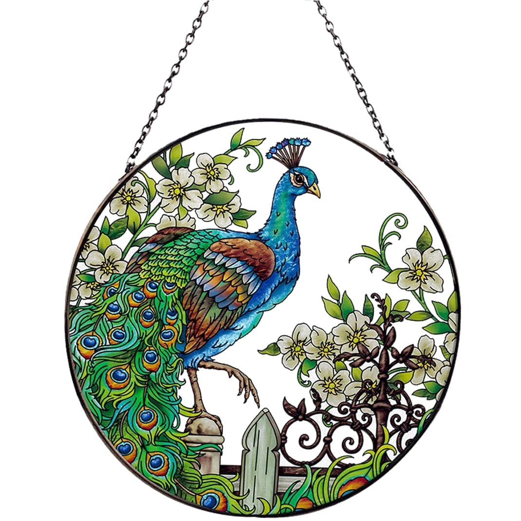 Peacock Stained Glass Suncatcher Window Wall Hanging Decor Ornament 16.5 * 16.5cm, Hand-Painted Sun Catcher Glass Panel Decor Art Home Garden Decor Housewarming Gift (Peacock)