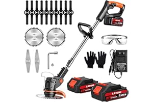 LAYUNI Cordless Weed Wacker, 21V Electric Weed Trimmer Battery Powered with 2X 2.0Ah Battery Operated, 3 in 1 Stringless Grass Trimmer/Edger/Brush Cutter 3 Types Blades for Yard Lawns Garden
