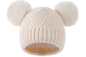 Tavaleu Kids Winter Beanie Hat, Cute Girls Hats with Double Pom Pom, Warm Fleece Lined Knit Beanies Cap for Children 8-14