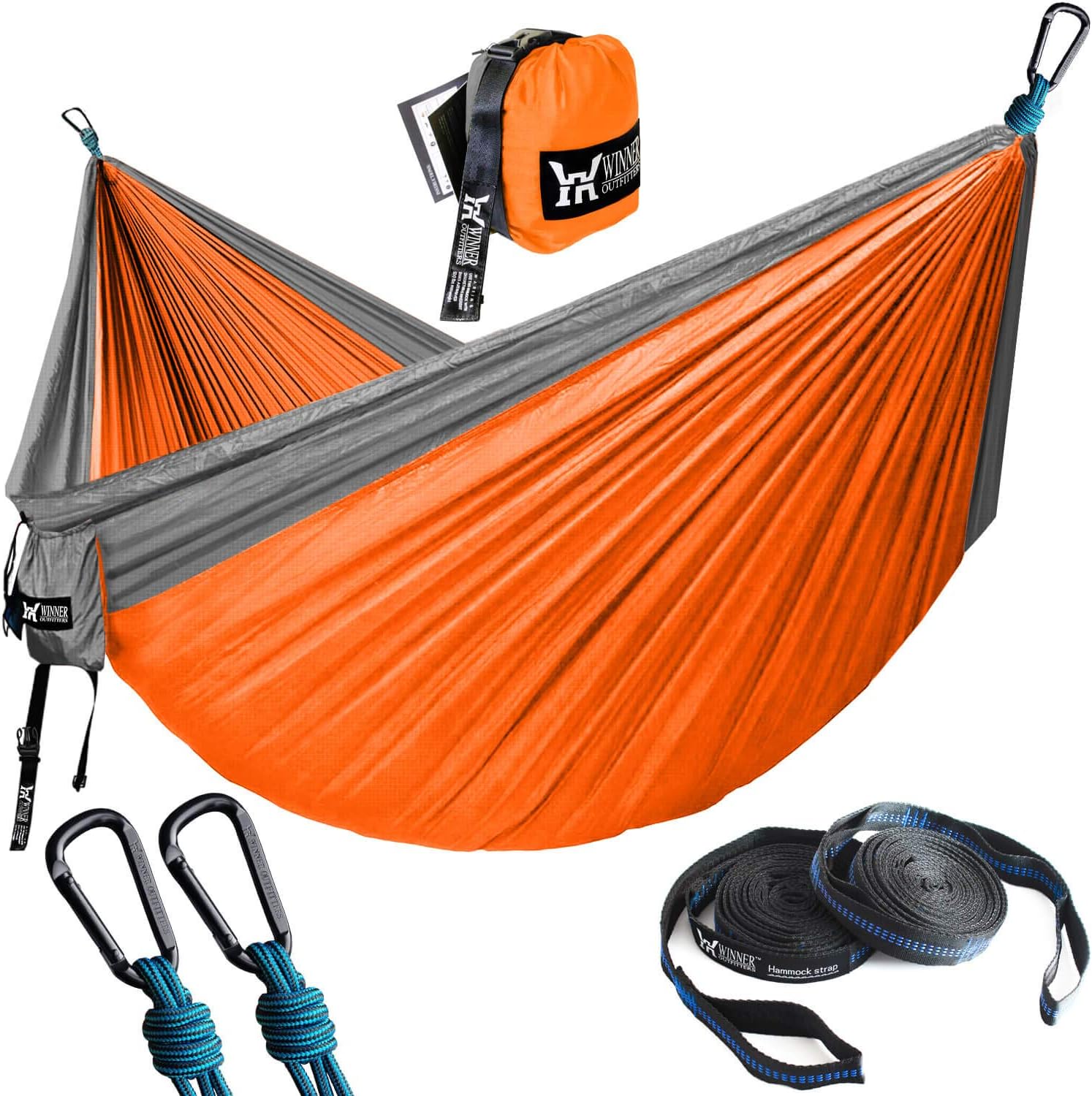 WINNER OUTFITTERS Double Camping Hammock with Straps - Lightweight Nylon Portable Hammock, Best Parachute Double Hammock for Backpacking, Camping, Travel, Beach, Yard. 118"(L) x 78"(W) Grey/Orange