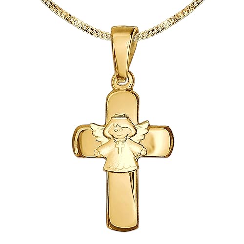 Clever Schmuck Set Goldener Anhänger Kreuz 15 mm glänzend mit aufgesetztem Kinderengel matt 333 GOLD 8 KARAT und vergoldeter 