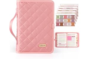 BellaHold Adjustable Bible Cover with 75 Bible Tabs - Bible Cover Case for Women，Waterproof, Washable Quilted Bible Case，Reusable Christian Gifts for Women (Pink, M)