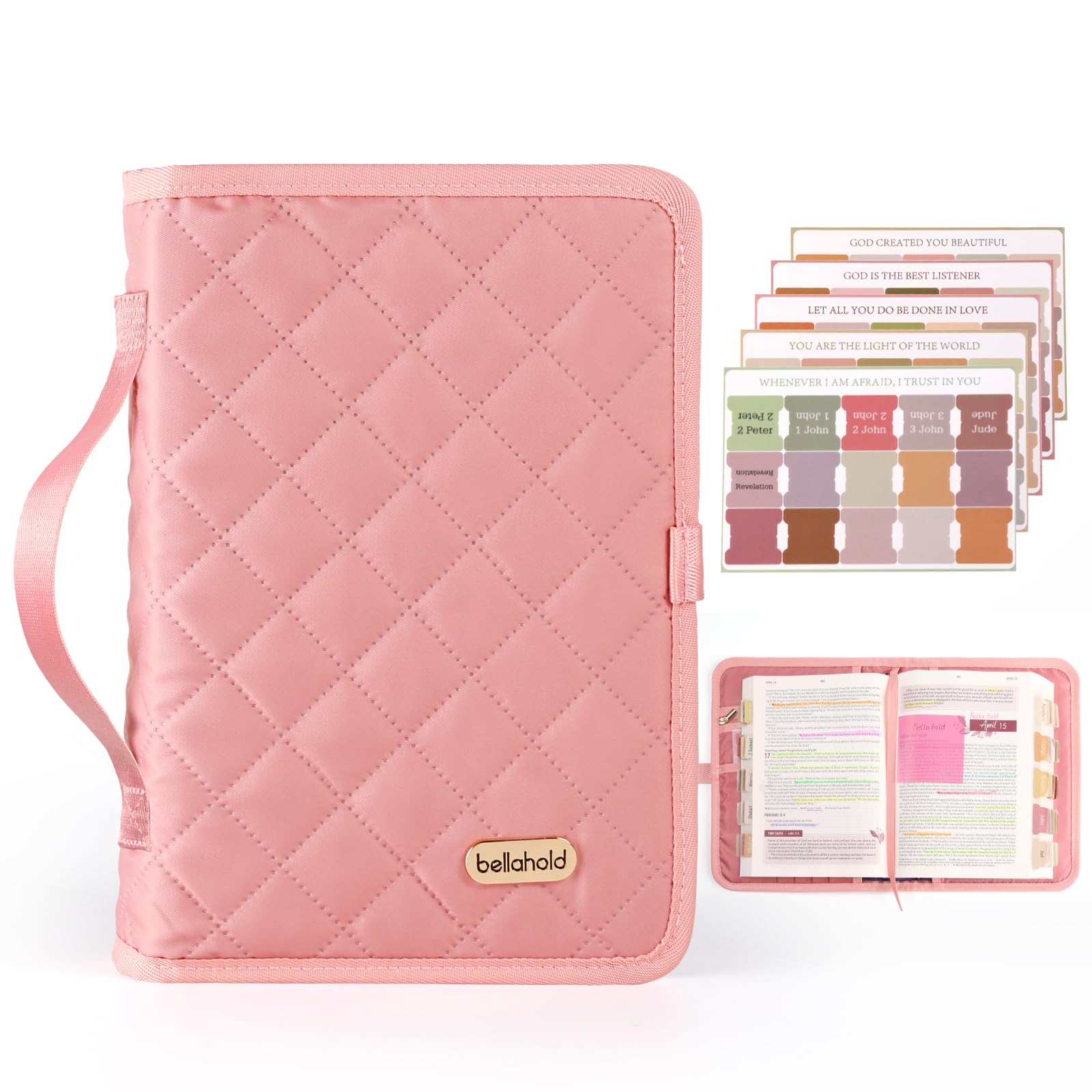 Photo 1 of BellaHold Adjustable Bible Cover with 75 Bible Tabs - Bible Cover Case for Women?Waterproof, Washable Quilted Bible Case?Reusable Christian Gifts for Women (Pink, L)