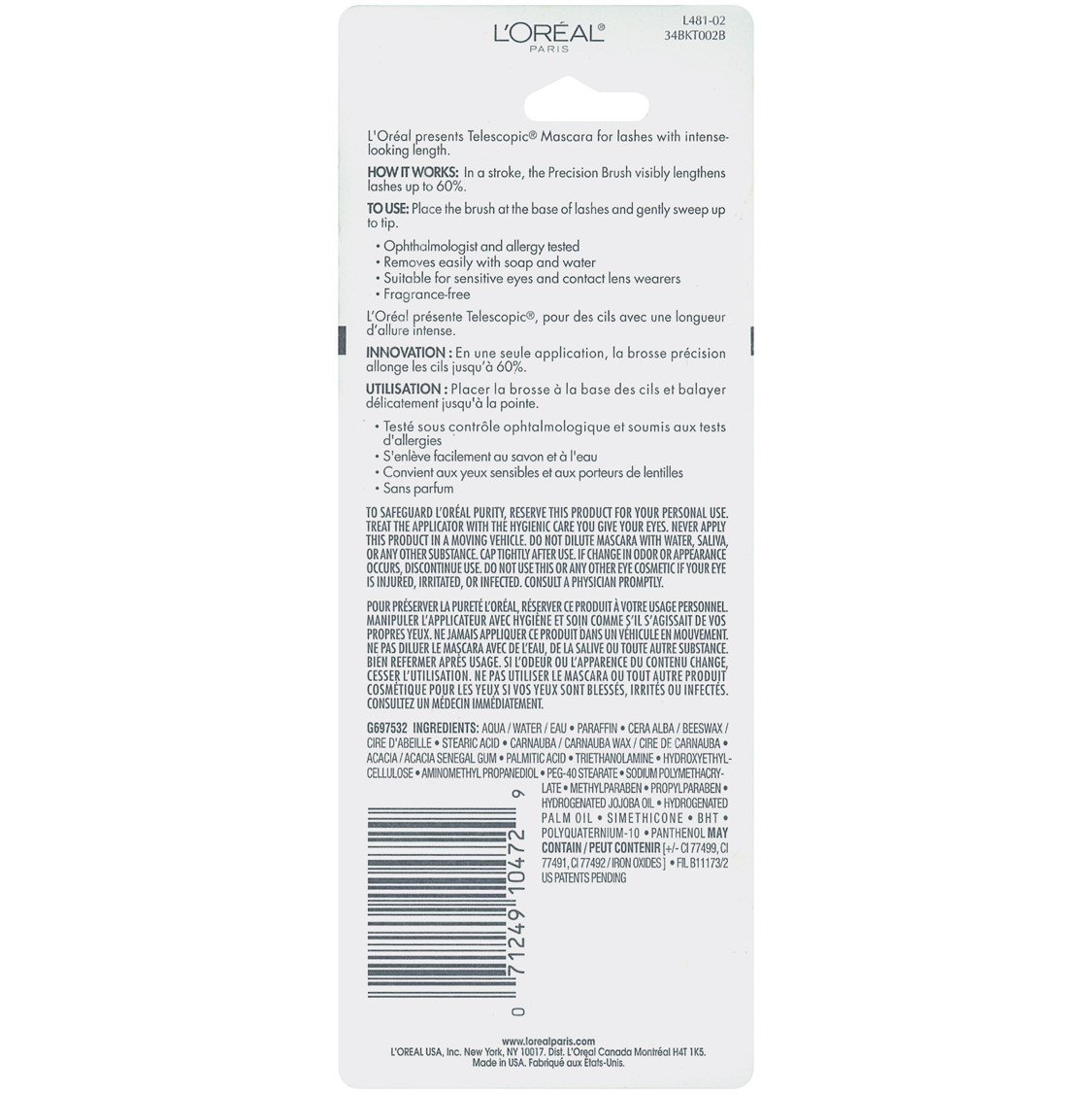 L'Oreal Paris Makeup Telescopic Original Lengthening Mascara, Black, 0.27 Fl Oz (1 Count) : Loreal Telescopic Mascara : Beauty