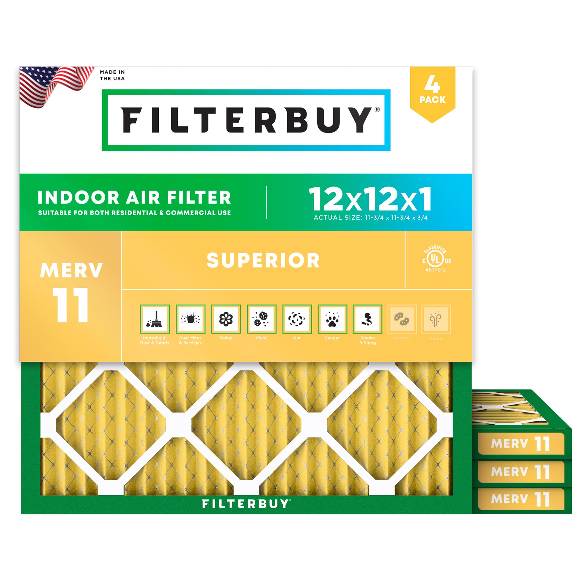 Filterbuy 12x12x1 Air Filter MERV 11 Superior Pet & Allergy Defense (4-Pack), Electrostatic Pleated HVAC AC Furnace Filters Replacement (Actual Size: 11.75 x 11.75 x 0.75)