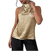 OYOANGLE Women's Metallic Sleeveless Halter Top Open Back Ruched Party Going Out Tops