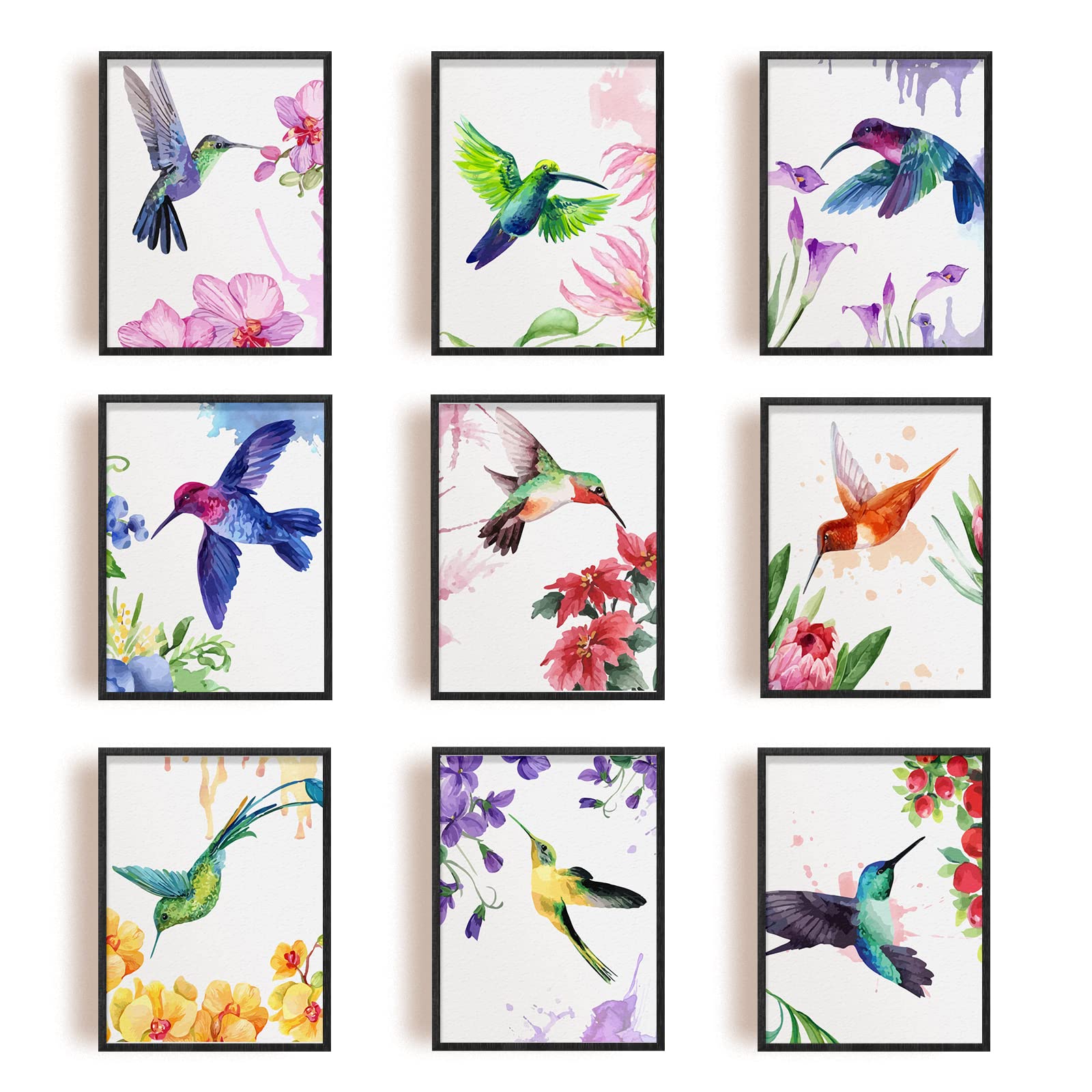 SUPERDANT 9 PCS Hummingbirds Unframed Canvas Prints Watercolor Wall Art Print Birds with Flower Canvas Print Animals Artwork Abstract Painting Hummingbird Room Decor for Bedroom Home Decoration