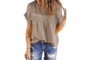 Dokotoo Womens Summer Tops Crewneck Lace Crochet Short Sleeve Shirts Casual Chiffon Blouses