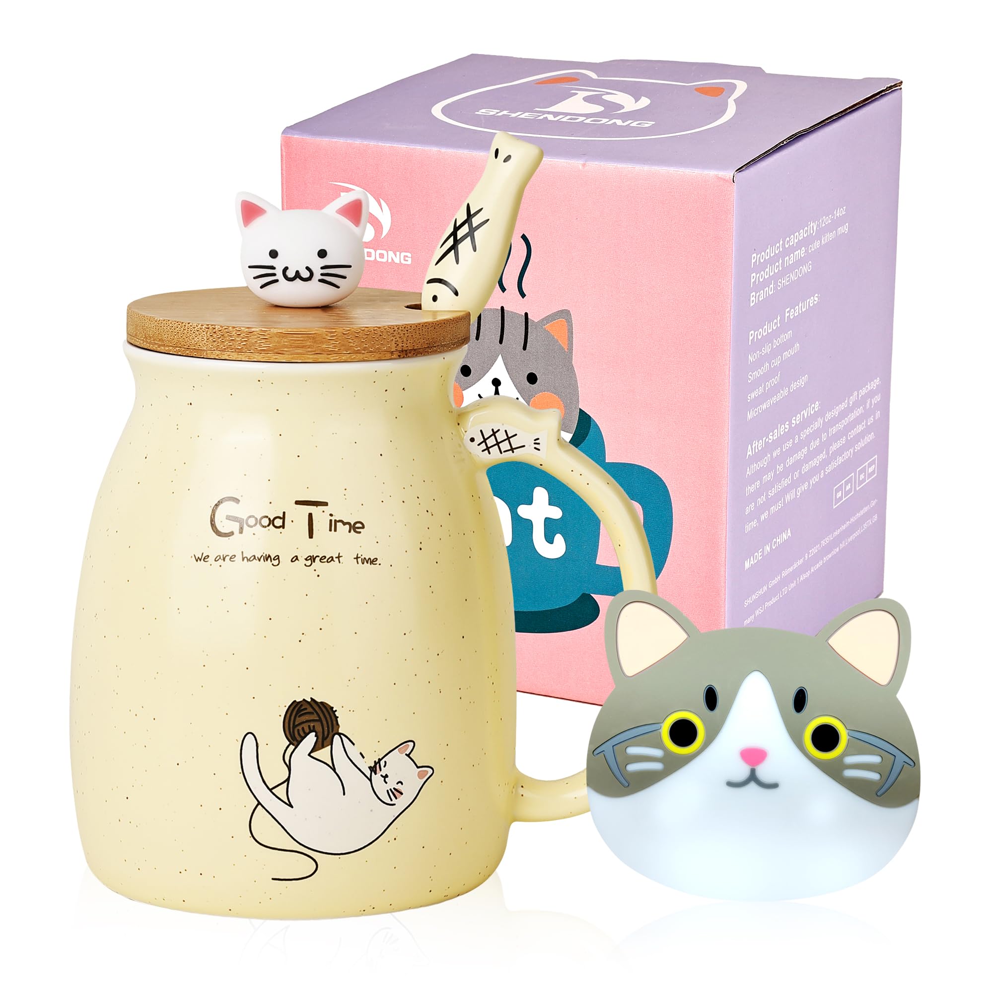 SHENDONG Cat Mug - Cute Ceramic Coffee Cup With Kawaii Wooden Lid and Lovely Stainless Steel Spoon - Novelty Morning Cup for Coffee, Milk, Tea - 3D Animal Mugs for Cat Lovers, Women Gifts (Yellow)