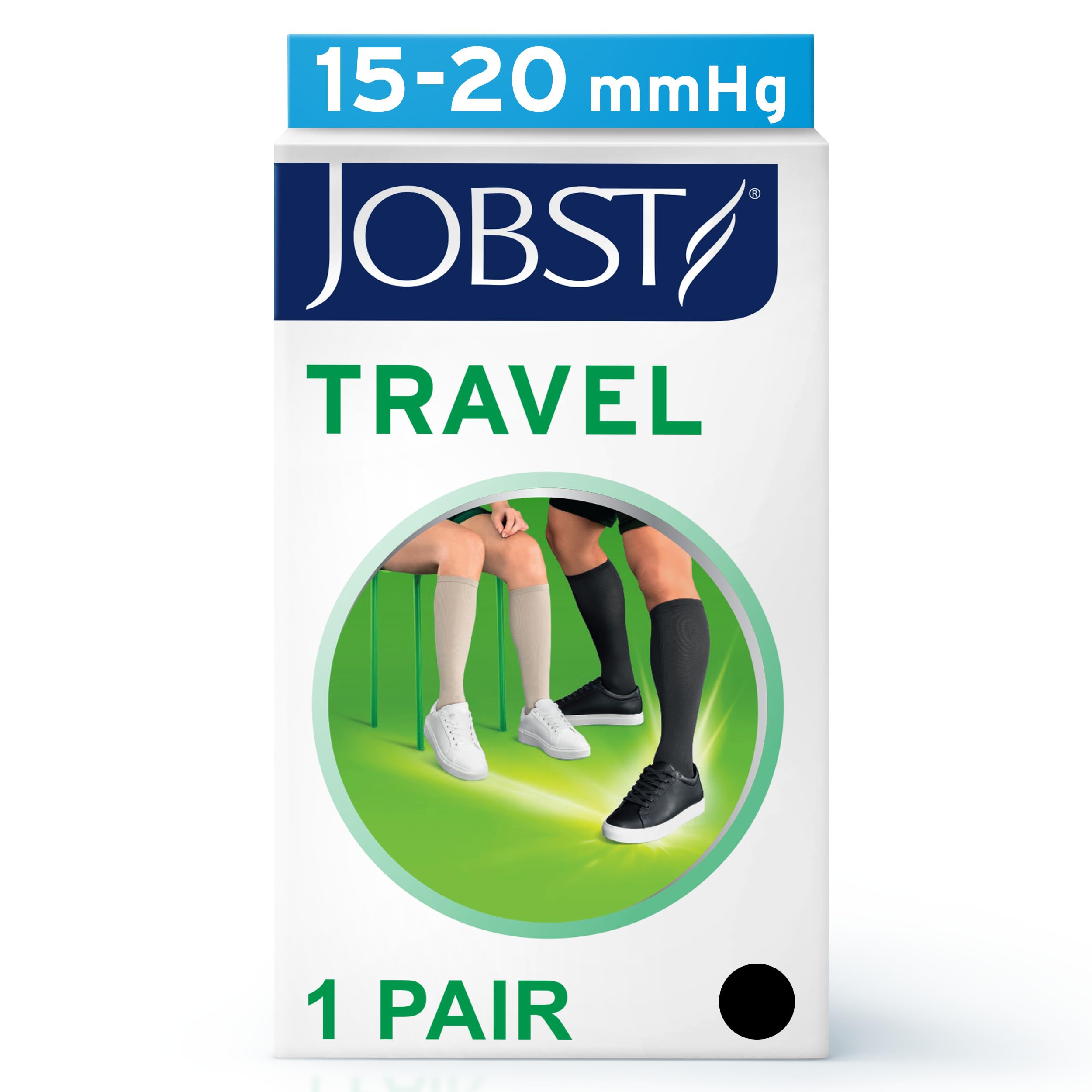 JOBST Travel Knee High Compression Socks - Helps to Prevent Deep Vein Thrombosis during Travel - 15-20 mmHg Compression - Unisex Design, Black, Size 4, packaging may vary