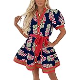 Wenrine Womens Summer Floral Mini Dress Puff Short Sleeve V Neck Button Down Casual Loose Boho Beach Dresses with Belt