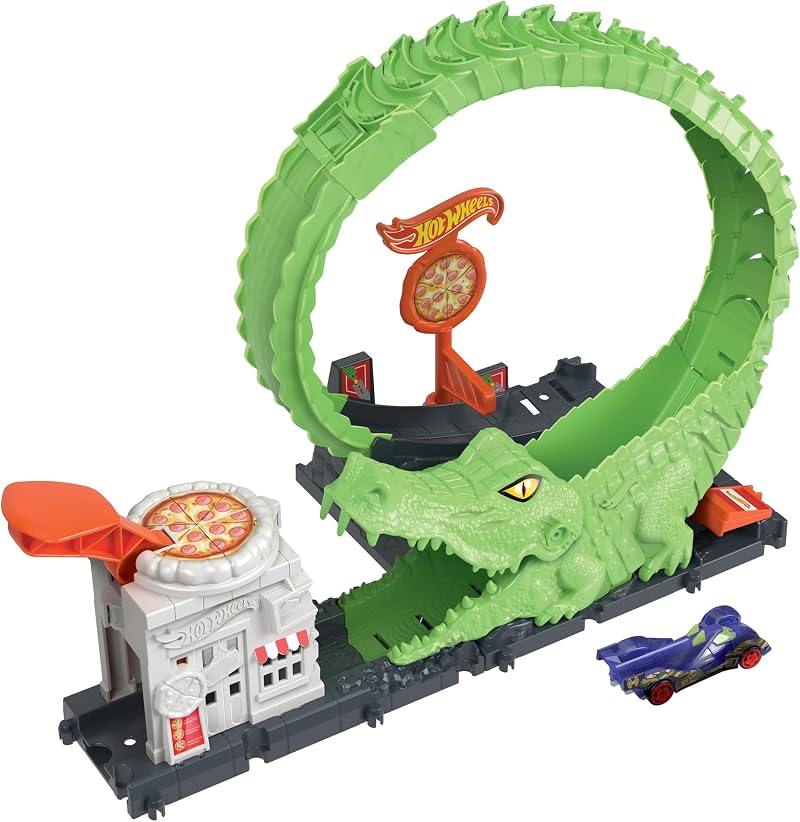 Hot Wheels Gator Loop Attack Pizza Place Playset HKX39 with 1 Car