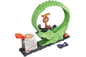 Hot Wheels Toy Car Track Set Gator Loop Attack Playset in Pizza Place with 1:64 Scale Car, Connects to Other Sets