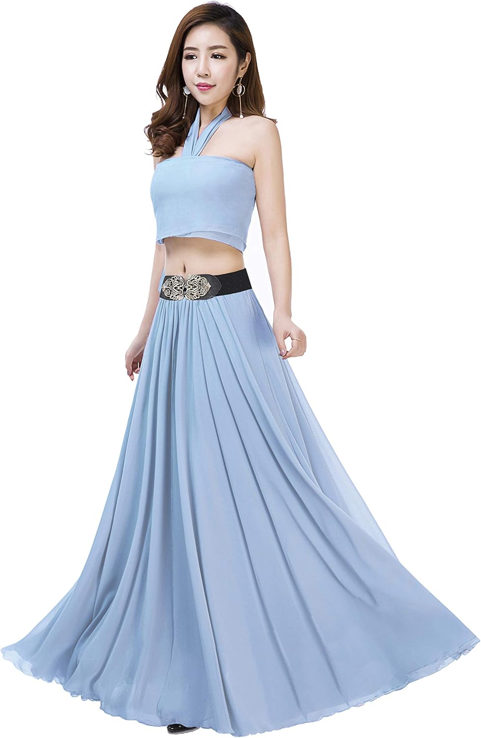 Summer Chiffon High Waist Pleated Big Hem Floor/Ankle Length Beach Maxi Skirt for Women Wedding Party Long Skirts