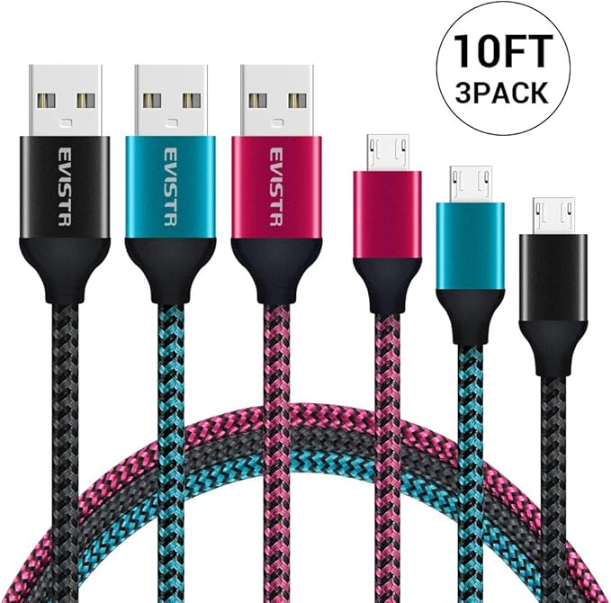 Cell Phone Micro USB Cable, EVISTR 3PACK 10FT Durable Nylon