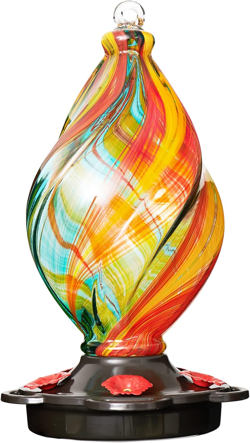 Backyard Birding & Wildlife - LUJII Ice Cream Shaped Spiral Hummingbird Feeder for Outdoors Hanging, Hand Blown Glass, 28 fl.oz, Leak Proof & Rustproof, Includes an Ant Moat, Unique Garden, Outside & Backyard Decor (Ribbon)