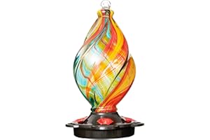 LUJII Ice Cream Shaped Spiral Hummingbird Feeder for Outdoors Hanging, Hand Blown Glass, 28 fl.oz, Leak Proof & Rustproof, Includes an Ant Moat, Unique Garden, Outside & Backyard Decor (Ribbon)