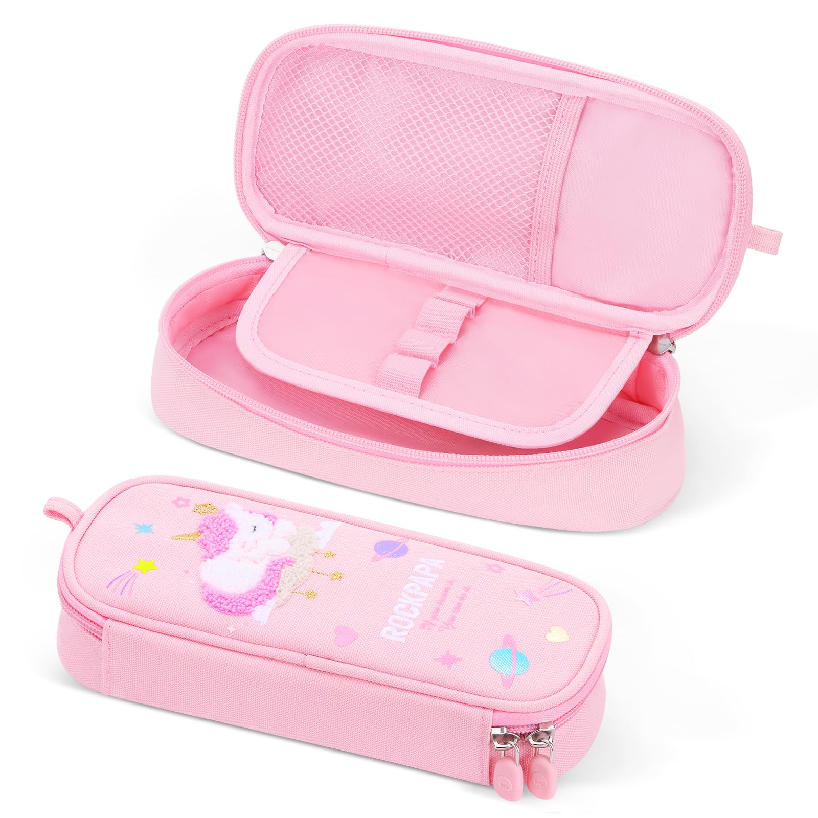rockpapa Cute UnicornDesign Pencil Case for Girls, Aesthetic Pencil Case with Compartments, Pencil Pouch with Zipper for Kids, Pencil Box Bag Holder Organizer for School Pink