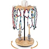 Pinzoveco Baseball Drip Necklace Organizer Holder,Rotating Baseball Display Stand with 14 Hooks, Championship Ring Display Holder, 360° Drip Necklace Championship Ring Holder Baseball Gifts,Brown