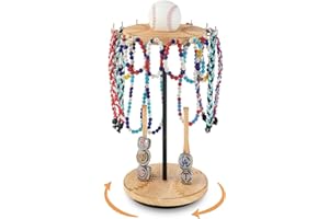 Pinzoveco Baseball Drip Necklace Organizer Holder,Rotating Baseball Display Stand with 14 Hooks, Championship Ring Display Holder, 360° Drip Necklace Championship Ring Holder Baseball Gifts,Brown