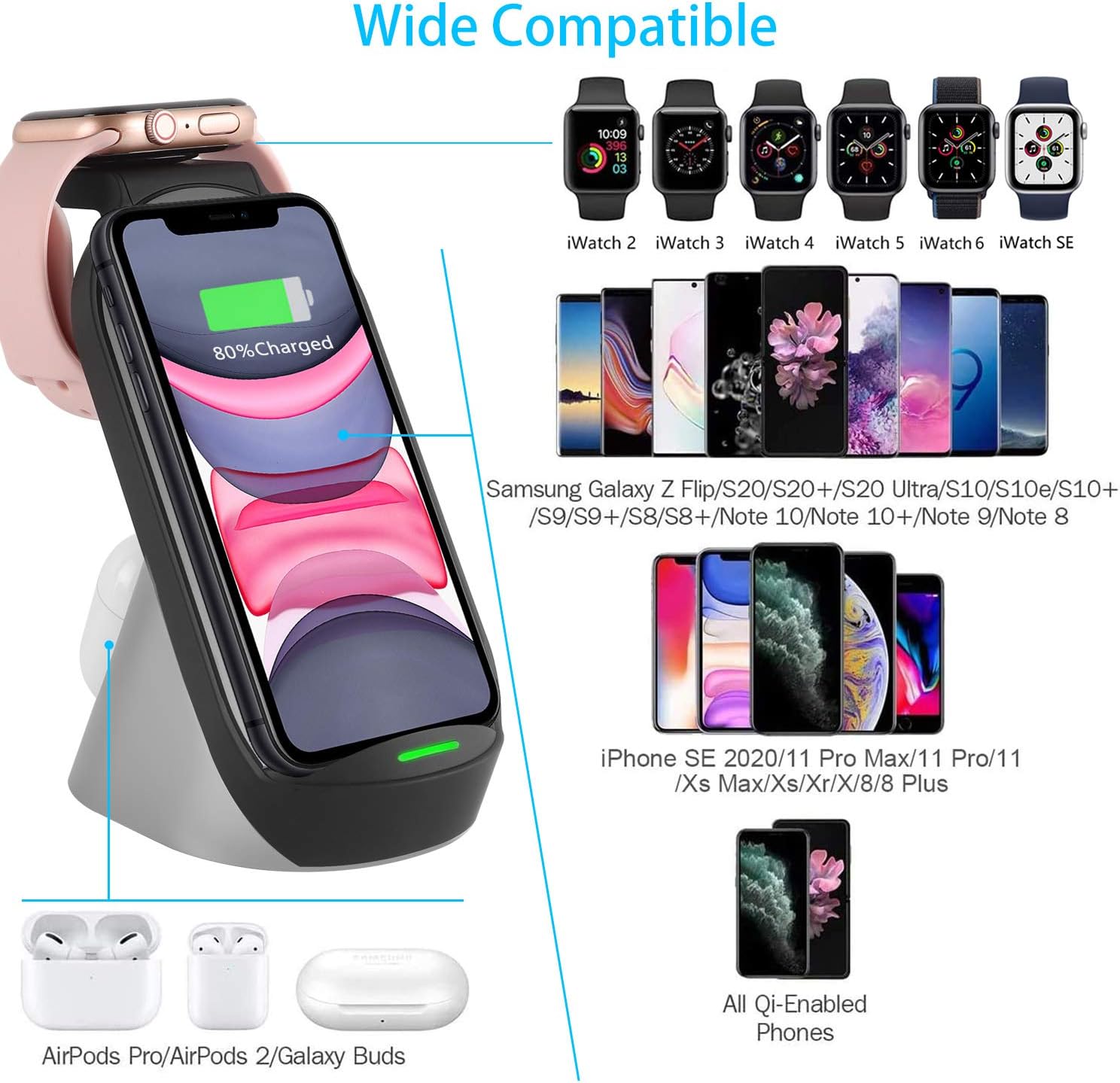 Wireless Charging Stand–3 in 1 Fast Wireless Charger–Qi Charging Station Dock Compatible with iPhone 12/11/11pro/11pro Max/X/XS/XR Fit for AirPods Pro Apple Watch SE 6/5/4/3/2-Black