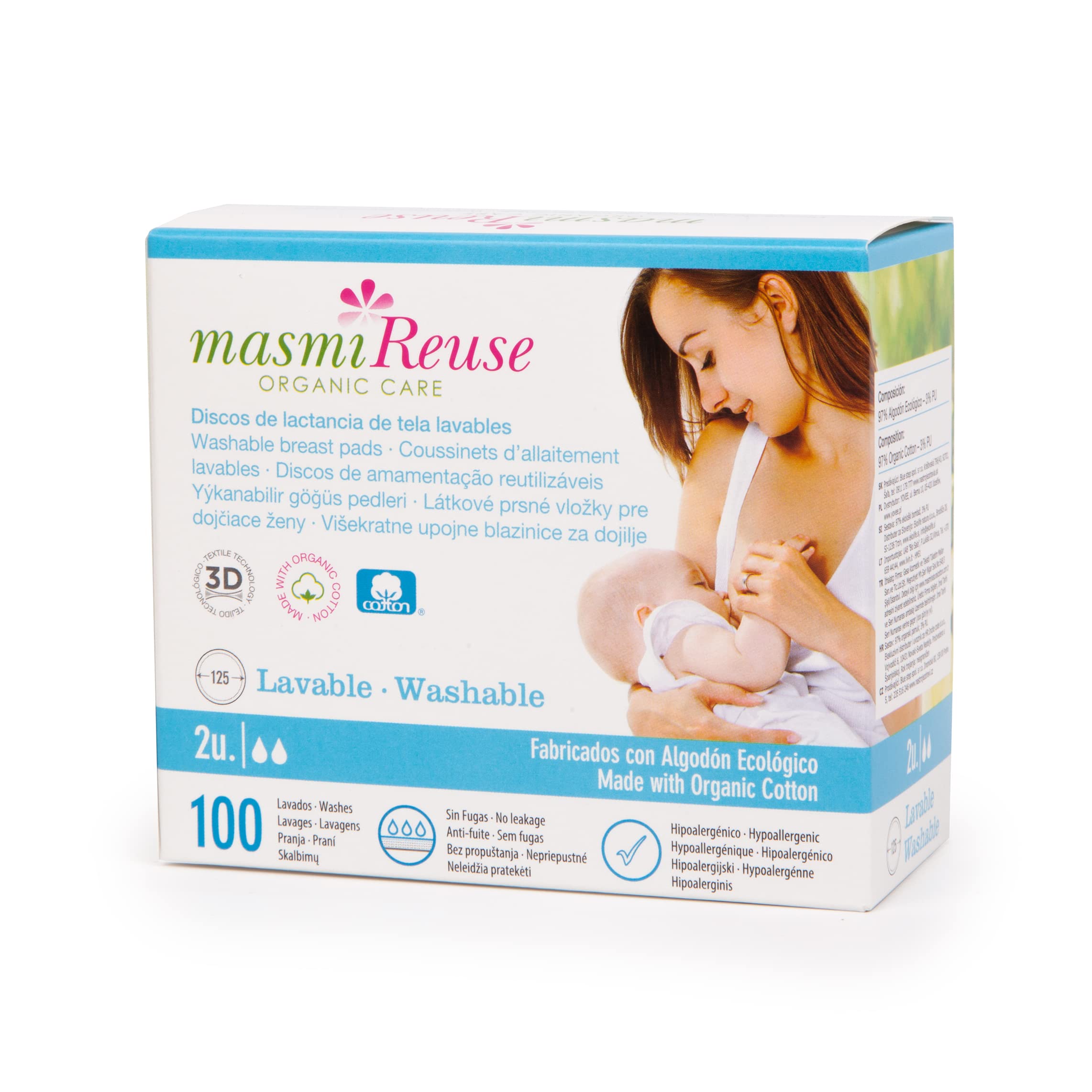Masmi Washable Breast Pads, GOTS Certified Organic Cotton, 100 Washes, Twin PAck