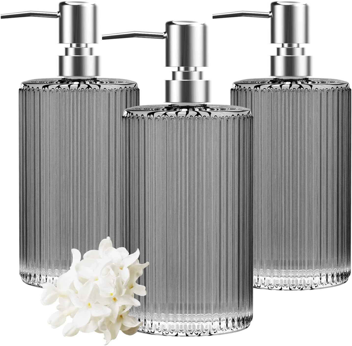 HIYAA 3 Pack Glass Soap Dispenser 17 Oz Versatile Lotion Liquid Soap Dish Dispenser Hand Soap Dispenser with Pump for Bathroom, Countertop, Kitchen, Laundry Room (Grey) (3P-Grey)